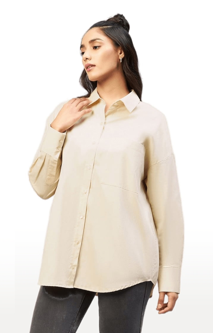 Women's Beige Cotton Solid Casual Shirts