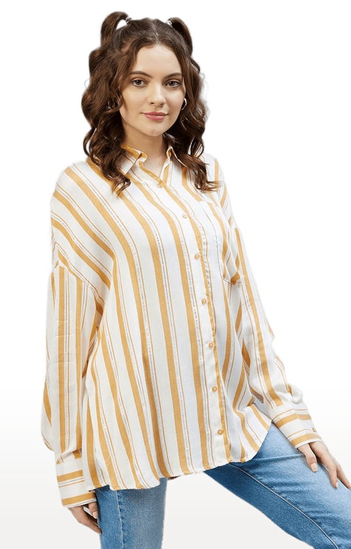 Women's Mustard and White Viscose Striped Casual Shirts