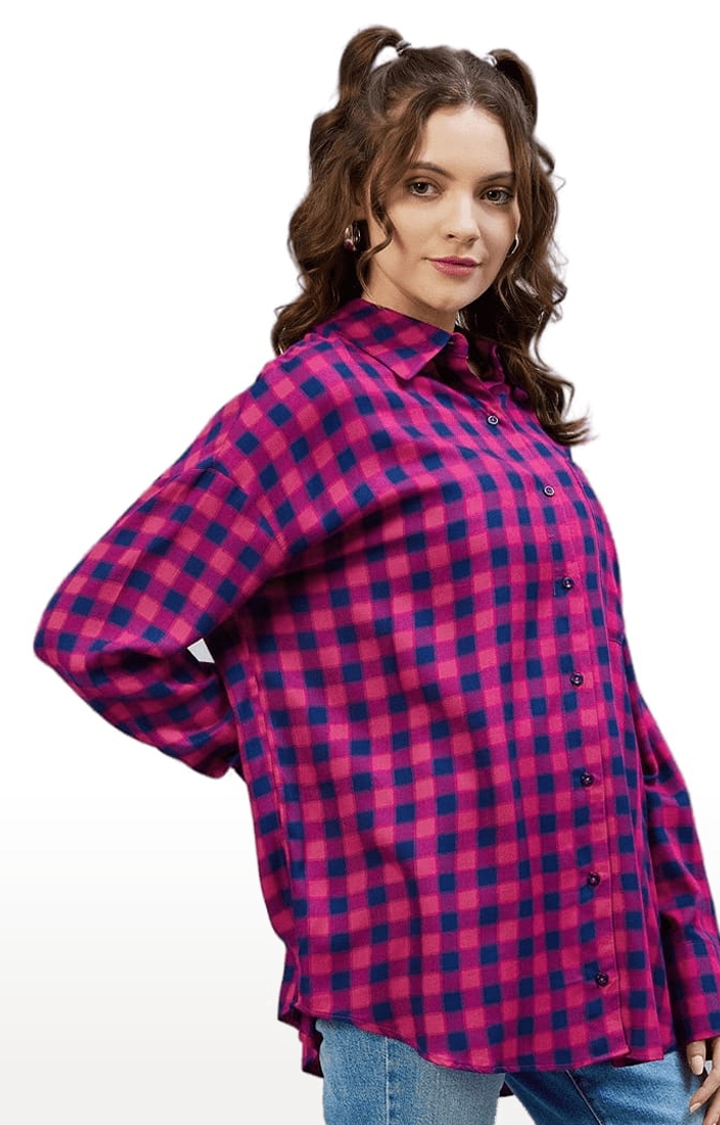 Women's Pink and Blue Viscose Checked Casual Shirts