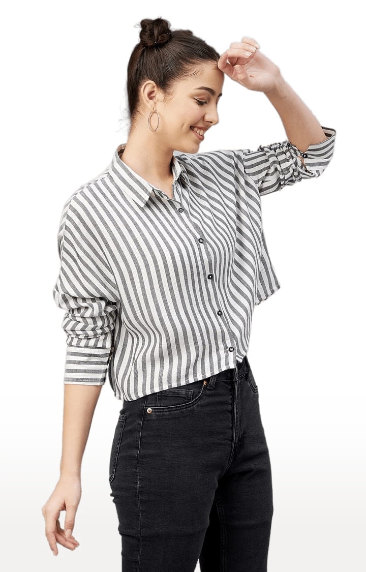 Women's Black and White Viscose Striped Casual Shirts