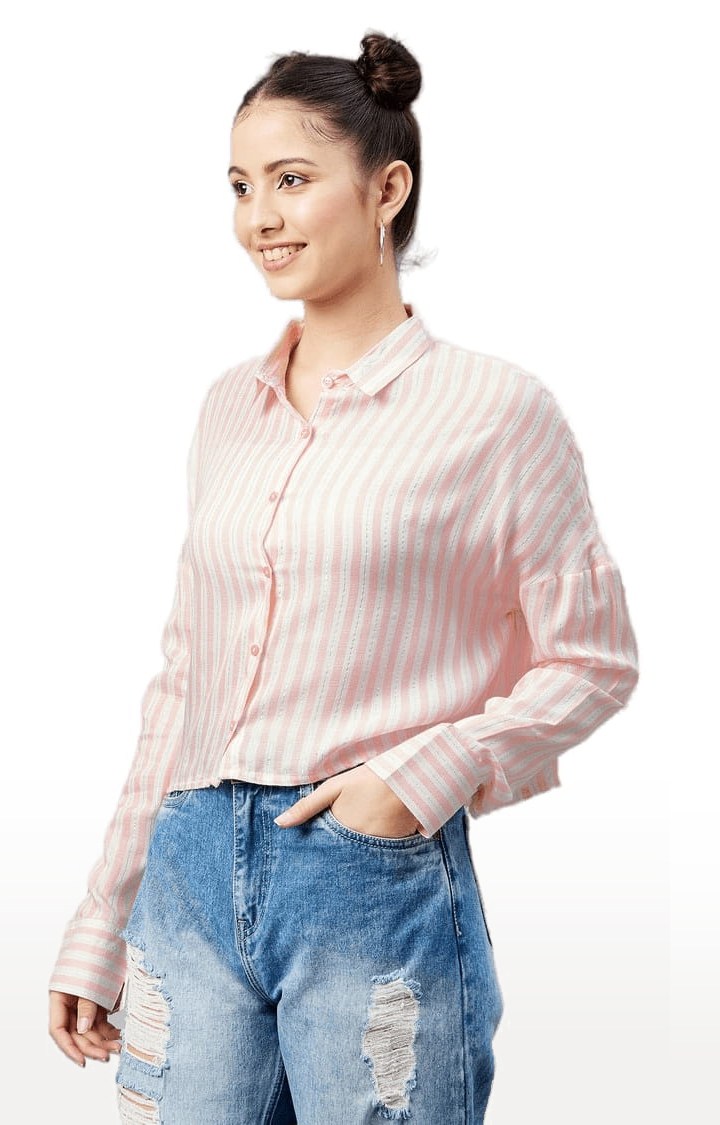Women's Light Pink and White Viscose Striped Casual Shirts