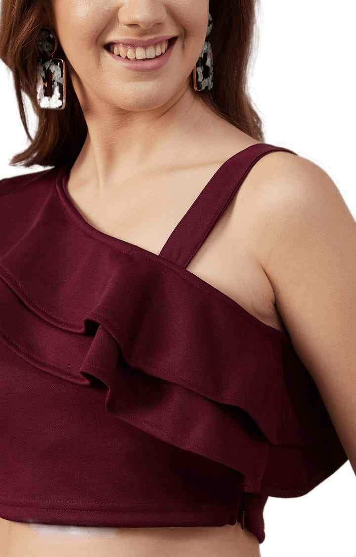 Women's Maroon Polyester Solid Crop Top