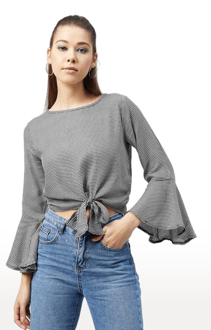 Women's Black and White Viscose Checked Crop Top