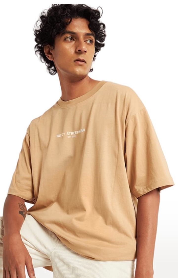 Weezy Streetwear | Men's Solids - Taupe Typographic Printed Oversized T-Shirt