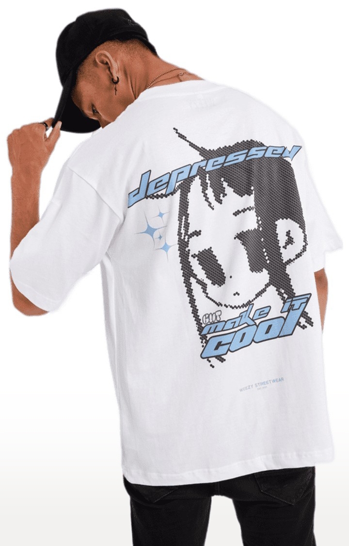Weezy Streetwear | Men's Depressed But Cool White Graphics  Oversized T-Shirt