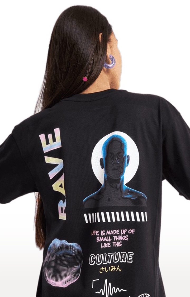 Weezy Streetwear | Women's Rave Black Graphics  Oversized T-Shirt