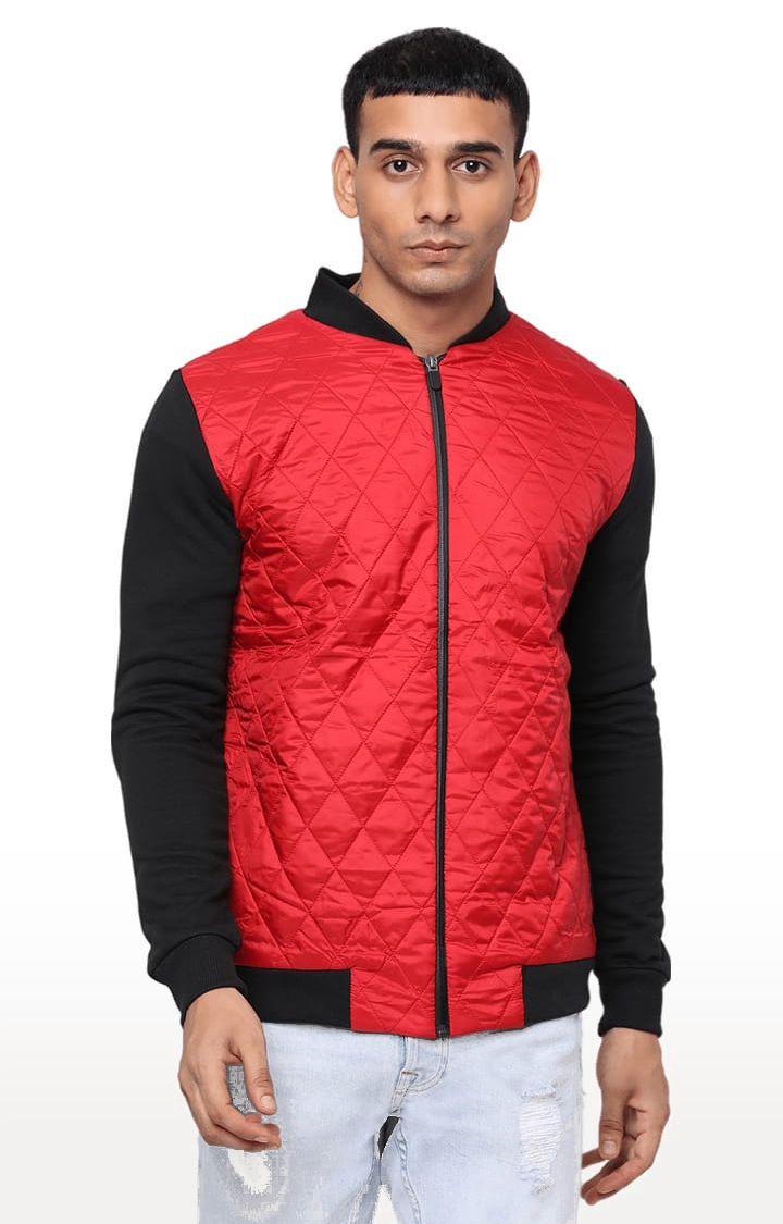 Men's Red & Black Polyester Quilted Bomber Jacket