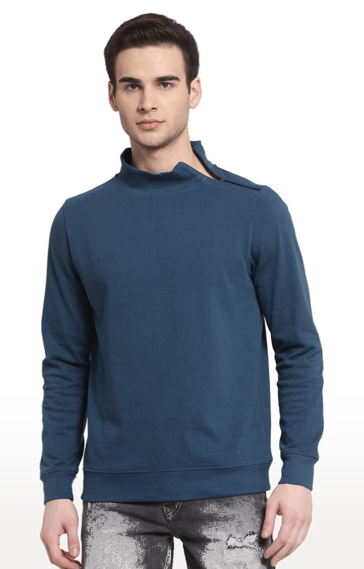 YOONOY | Men's Teal Blue Cotton Solid Sweatshirts
