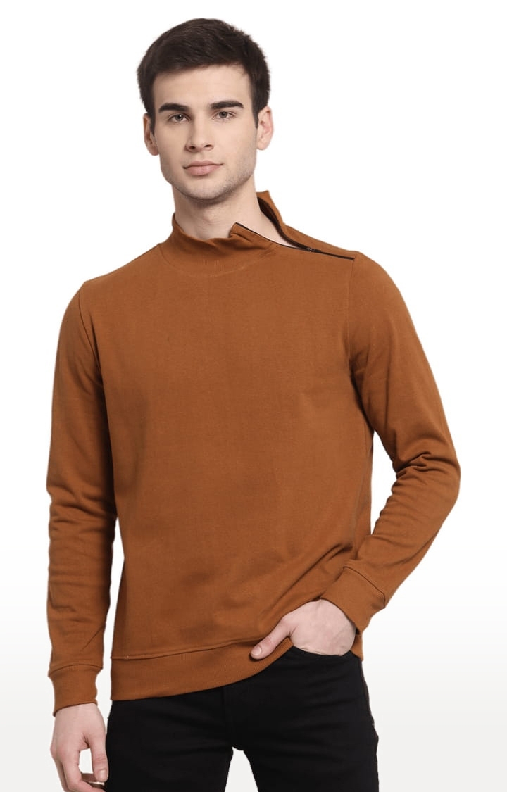 YOONOY | Men's Brown Cotton Solid Sweatshirts