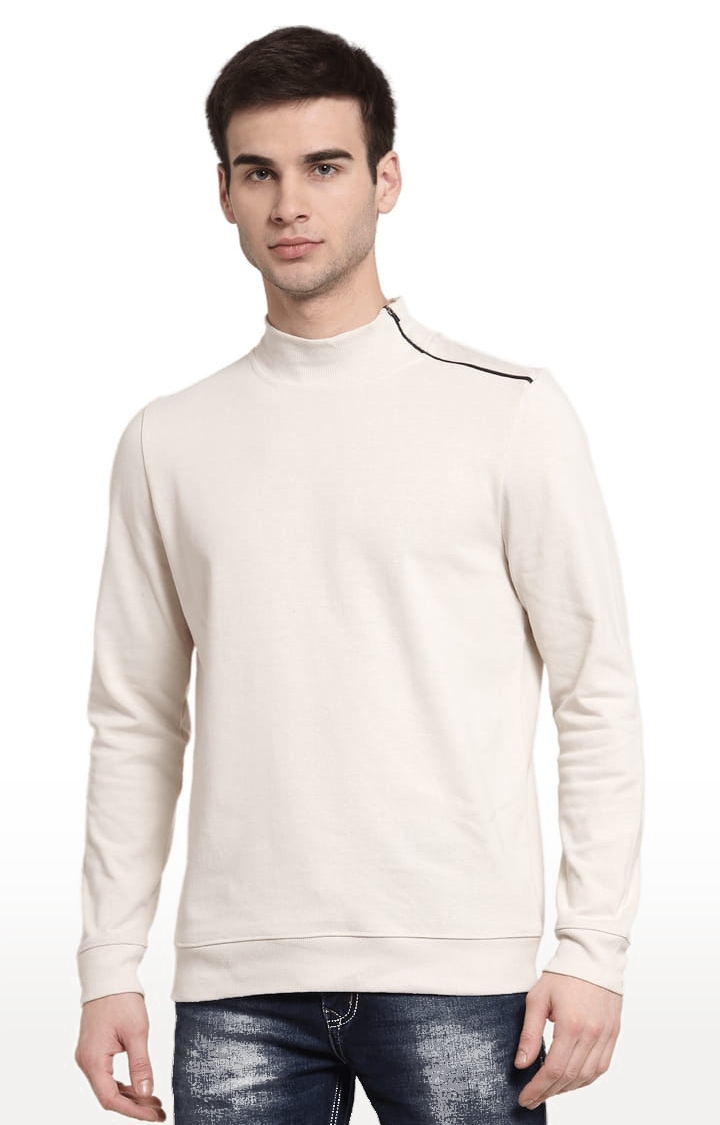 YOONOY | Men's Beige Cotton Solid Sweatshirts