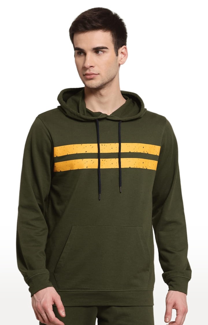 Men's Olive Green Cotton Printed Hoodie