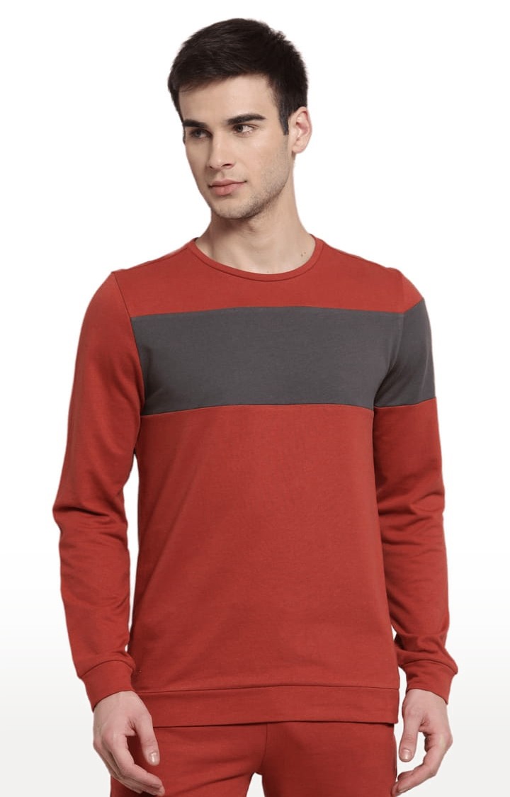 YOONOY | Men's Orange & Grey Cotton Colourblock Sweatshirts