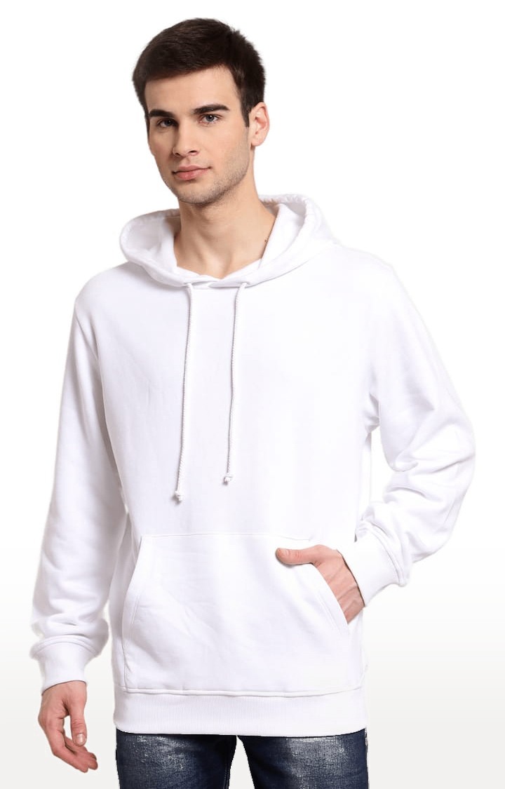 Men's White Cotton Solid Hoodie