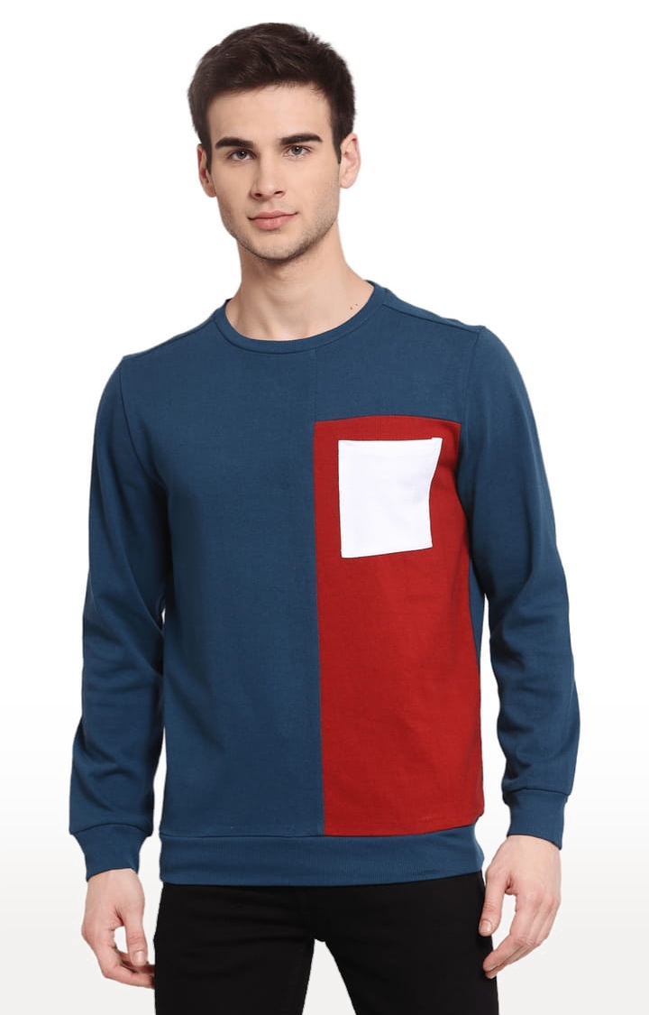 YOONOY | Men's Blue Cotton Colourblock Sweatshirts