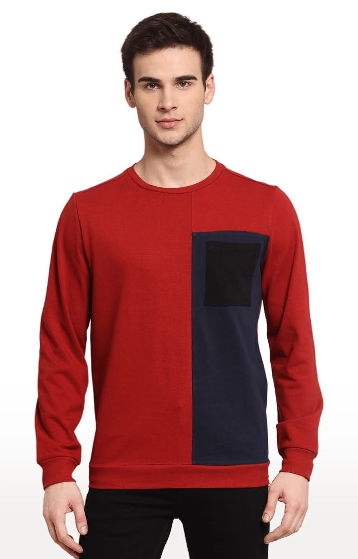 YOONOY | Men's Red & Navy Cotton Colourblock Sweatshirts