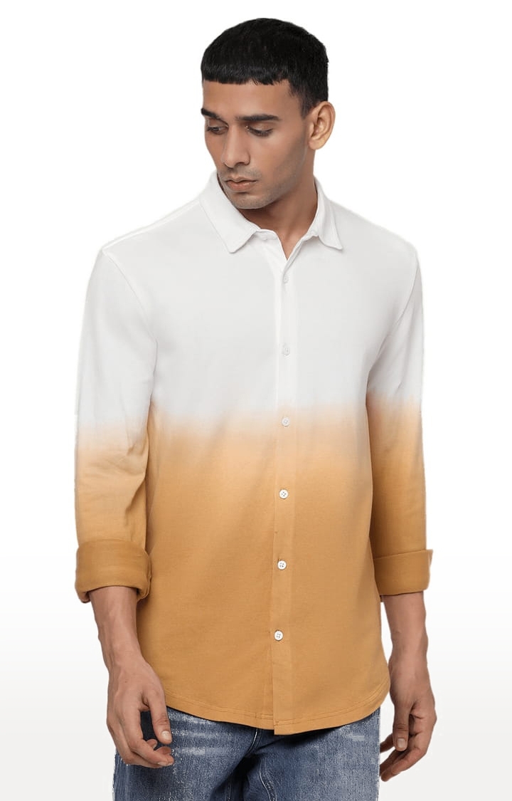 Men's White & Orange Cotton Colourblock Casual Shirt