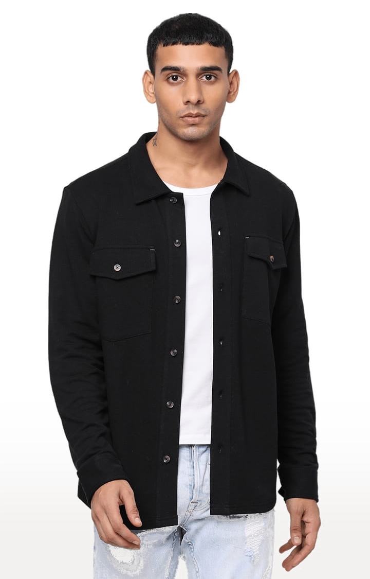 YOONOY | Men's Black Cotton Solid Casual Shirt