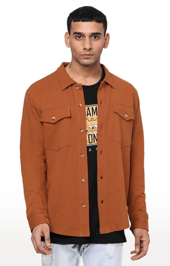 YOONOY | Men's Orange Cotton Solid Casual Shirt