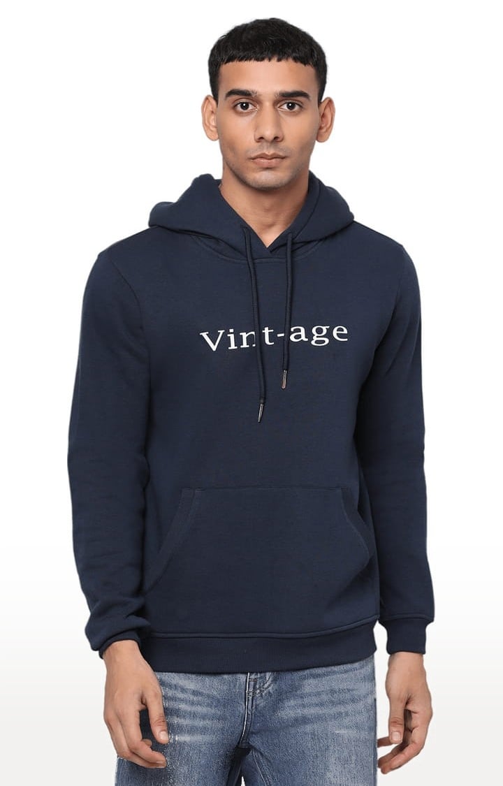 YOONOY | Men's Navy Cotton Typographic Hoodie