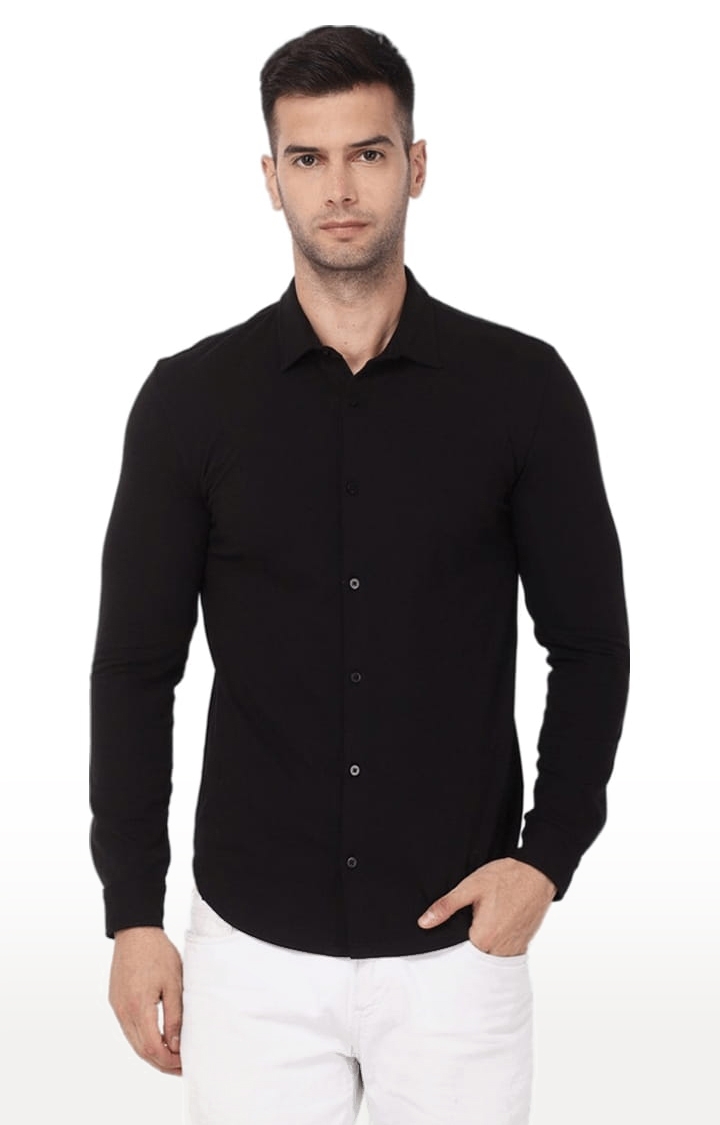YOONOY | Men's Black Cotton Blend Solid Casual Shirt