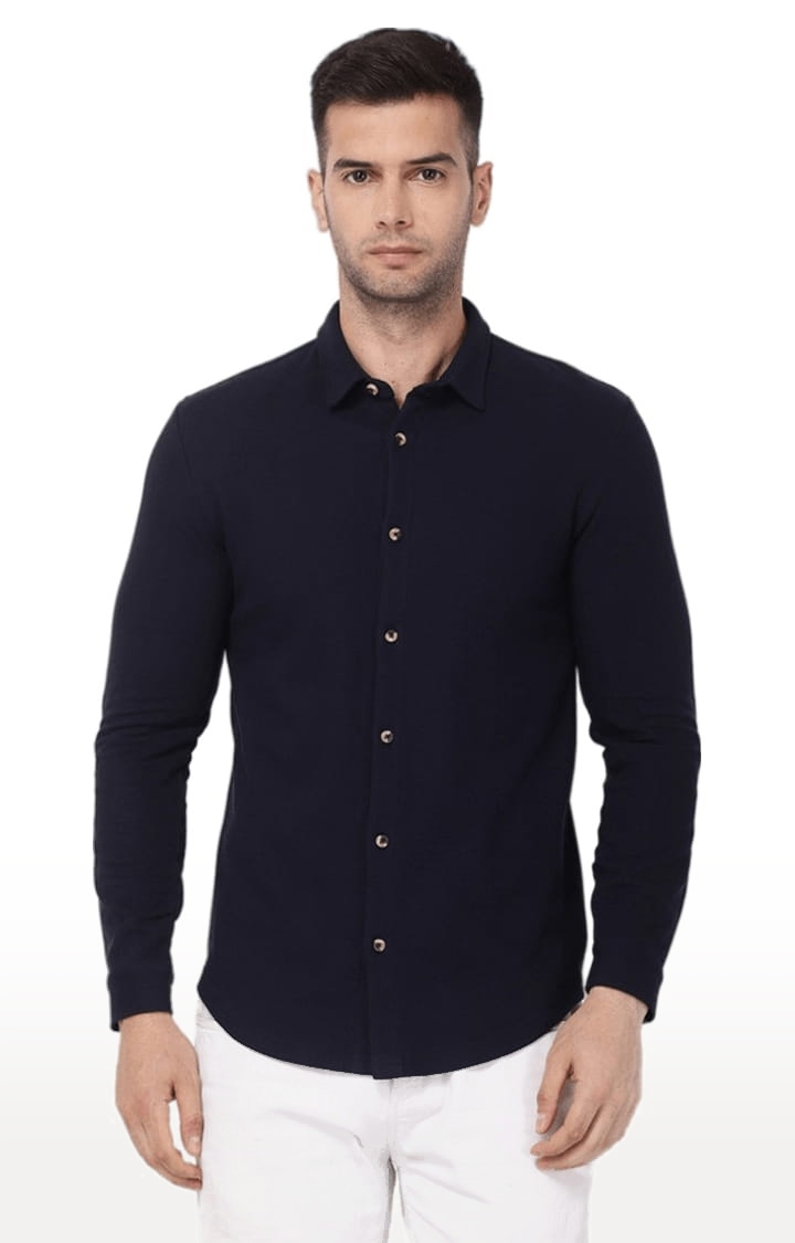 YOONOY | Men's Navy Blue Cotton Blend Solid Casual Shirt