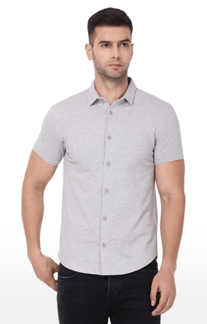 YOONOY | Men's Grey Cotton Blend Solid Casual Shirt