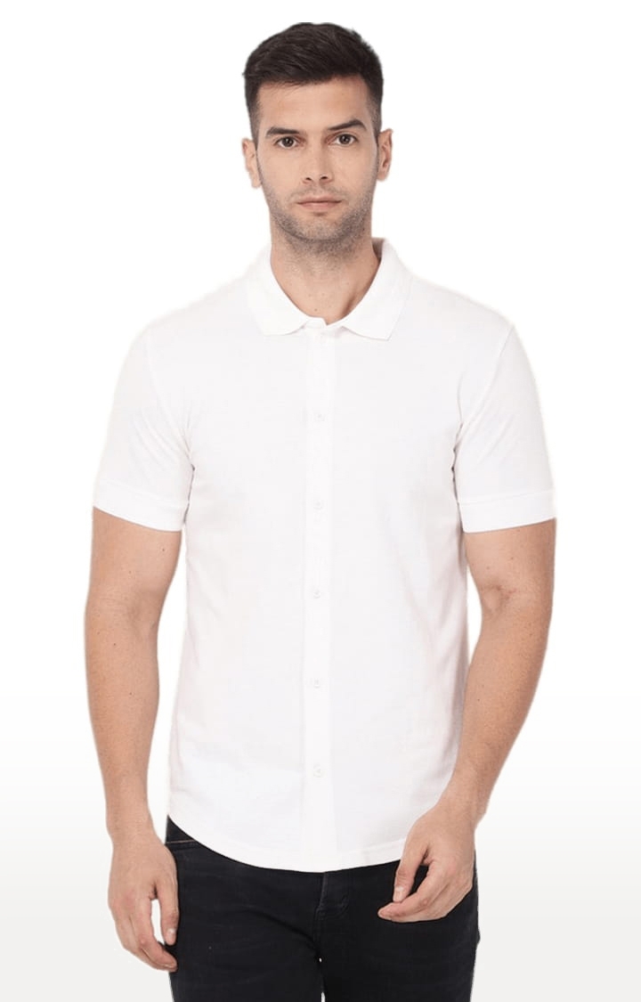 YOONOY | Men's White Cotton Blend Solid Casual Shirt