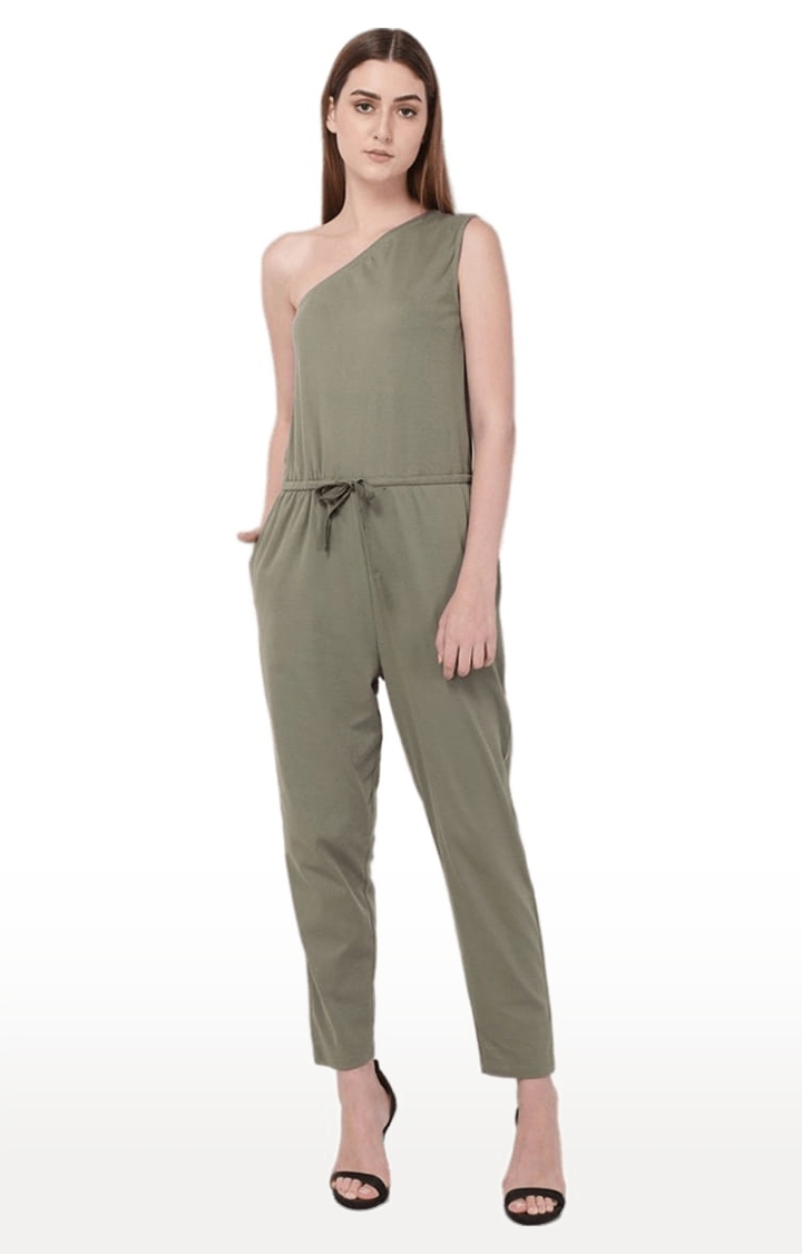 Women's Olive Green Cotton Solid Jumpsuit