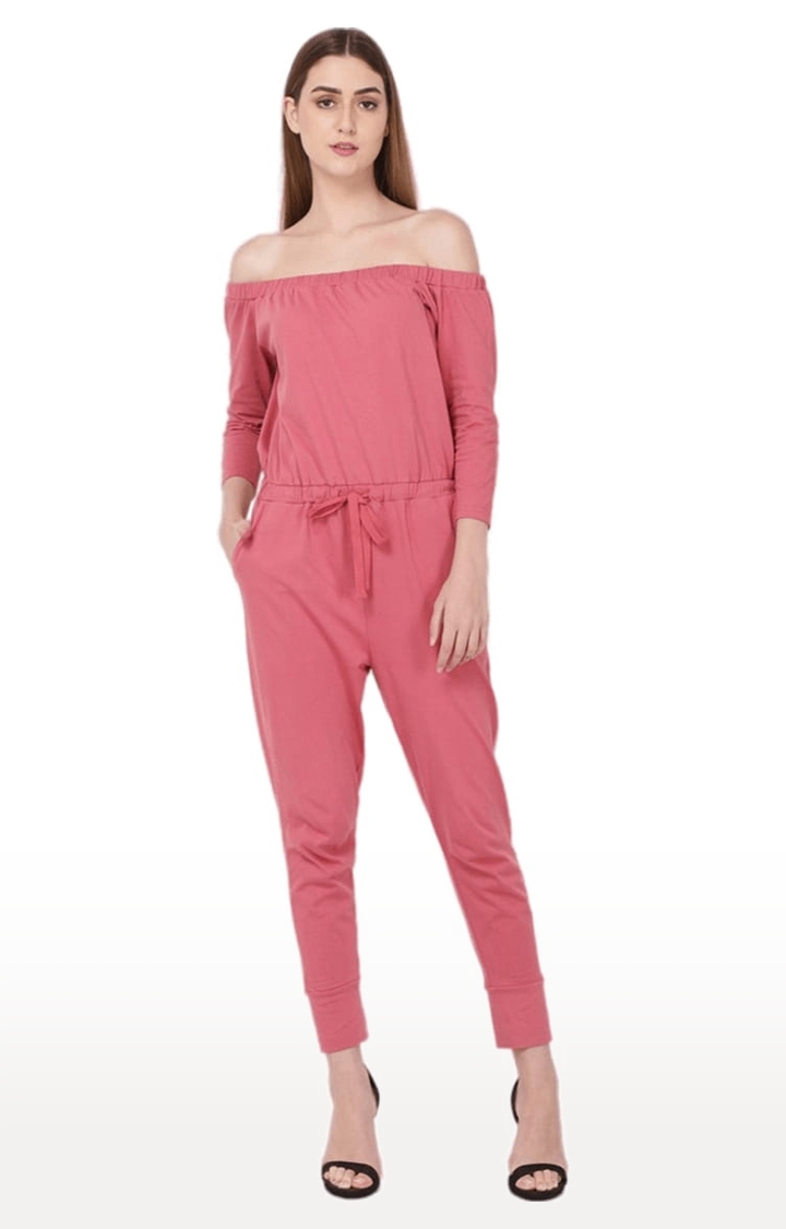 Women's Pink Cotton Solid Jumpsuit
