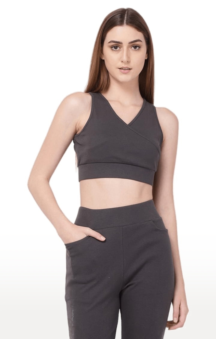 YOONOY | Women's Grey Cotton Blend Solid Activewear Crop Tops