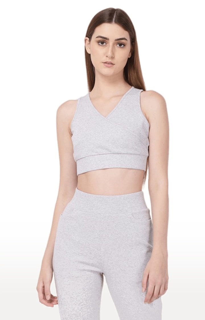 Women's Grey Cotton Blend Melange Activewear Crop Tops