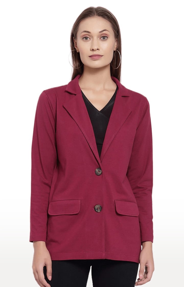 YOONOY | Women's Burgundy Cotton Solid Blazers