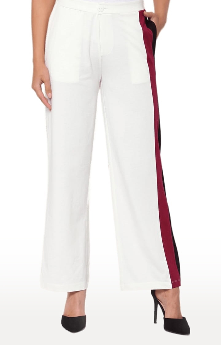 Women's White Cotton Blend Solid Casual Pants