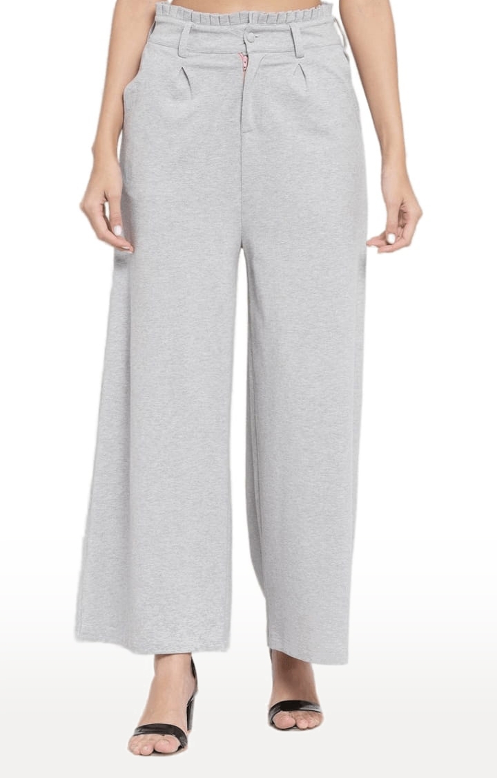 YOONOY | Women's Grey Cotton Blend Melange Textured Culottes