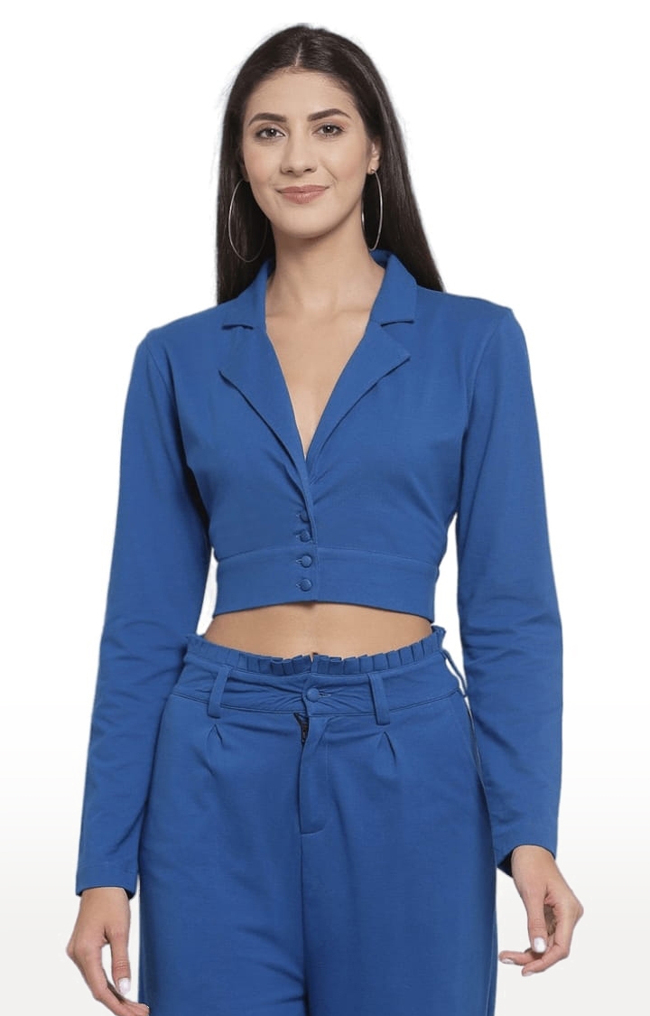 Women's Blue Cotton Solid Blazers