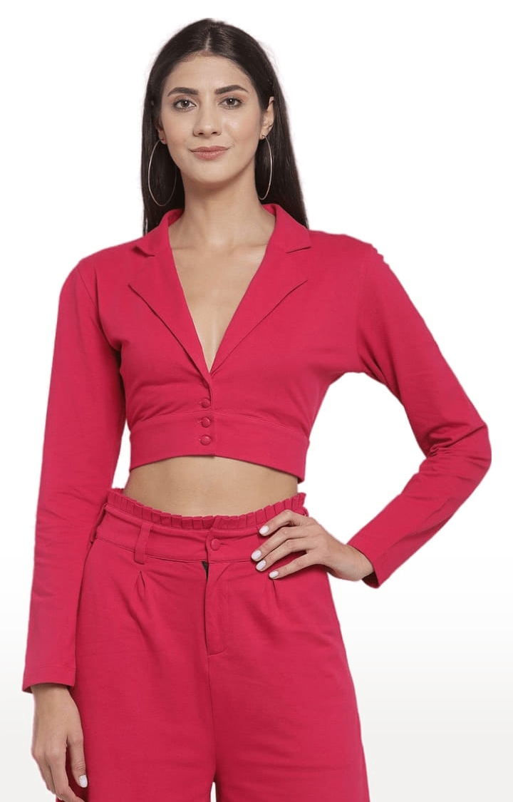 Women's Pink Cotton Solid Blazers