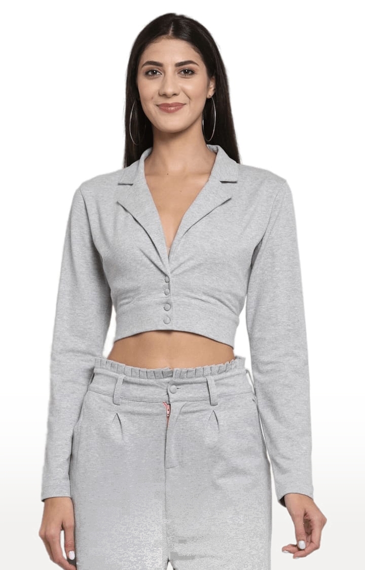 Women's Grey Cotton Solid Blazers