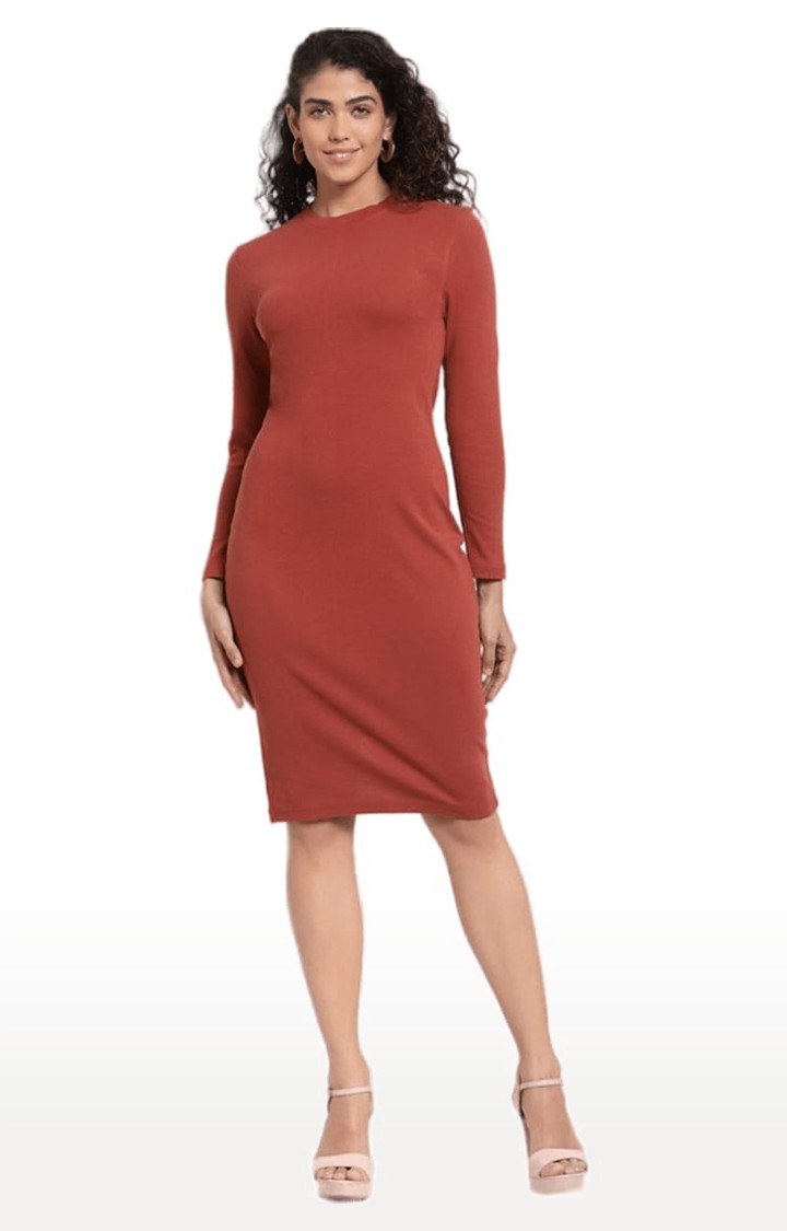 Women's Burnt Orange Cotton Solid Bodycon Dress
