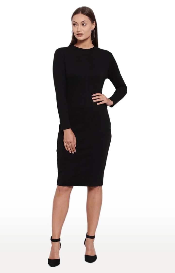YOONOY | Women's Black Cotton Solid Bodycon Dress