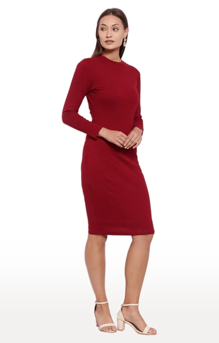 Women's Red Cotton Solid Bodycon Dress