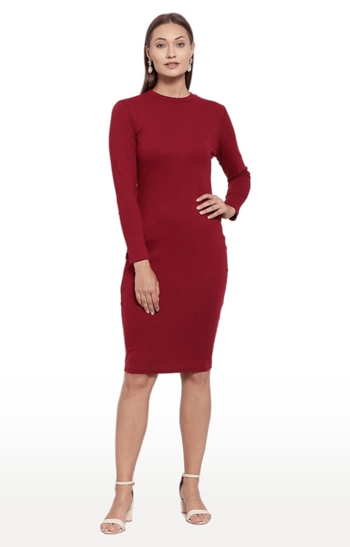 Women's Red Cotton Solid Bodycon Dress