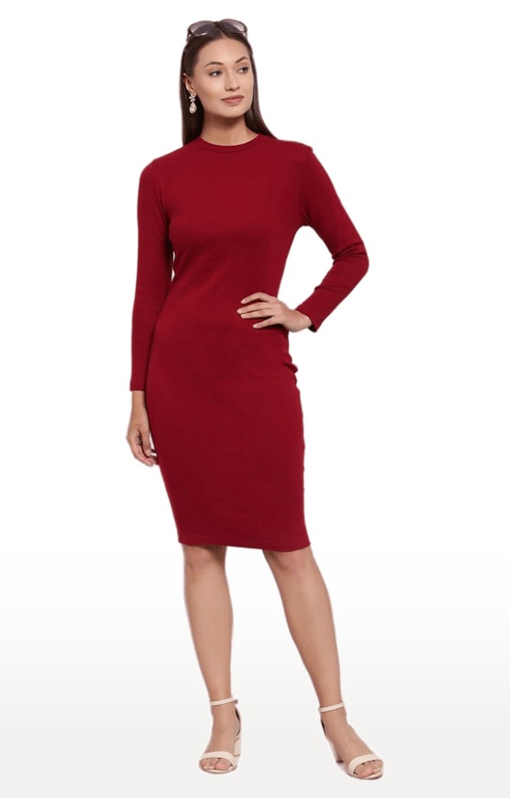 Women's Red Cotton Solid Bodycon Dress