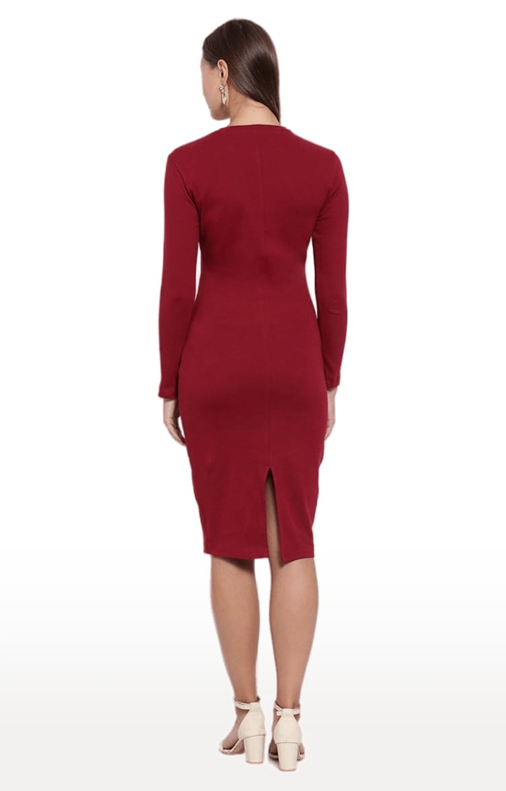 Women's Red Cotton Solid Bodycon Dress