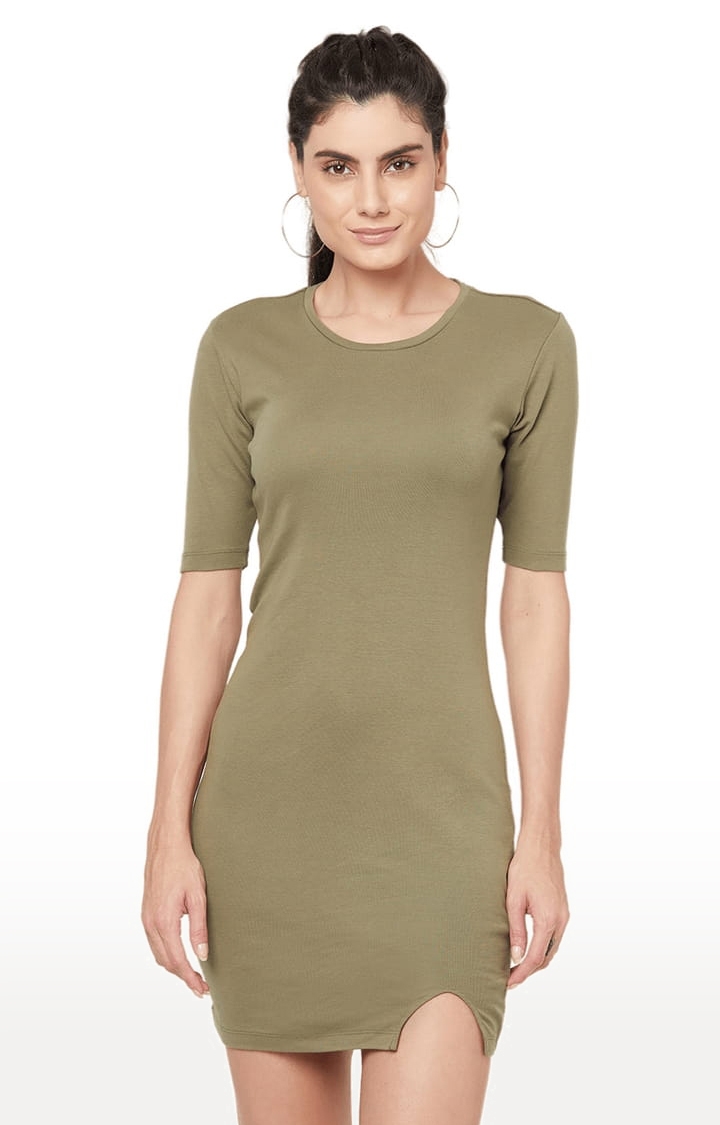 YOONOY | Women's Olive Green Cotton Solid Bodycon Dress