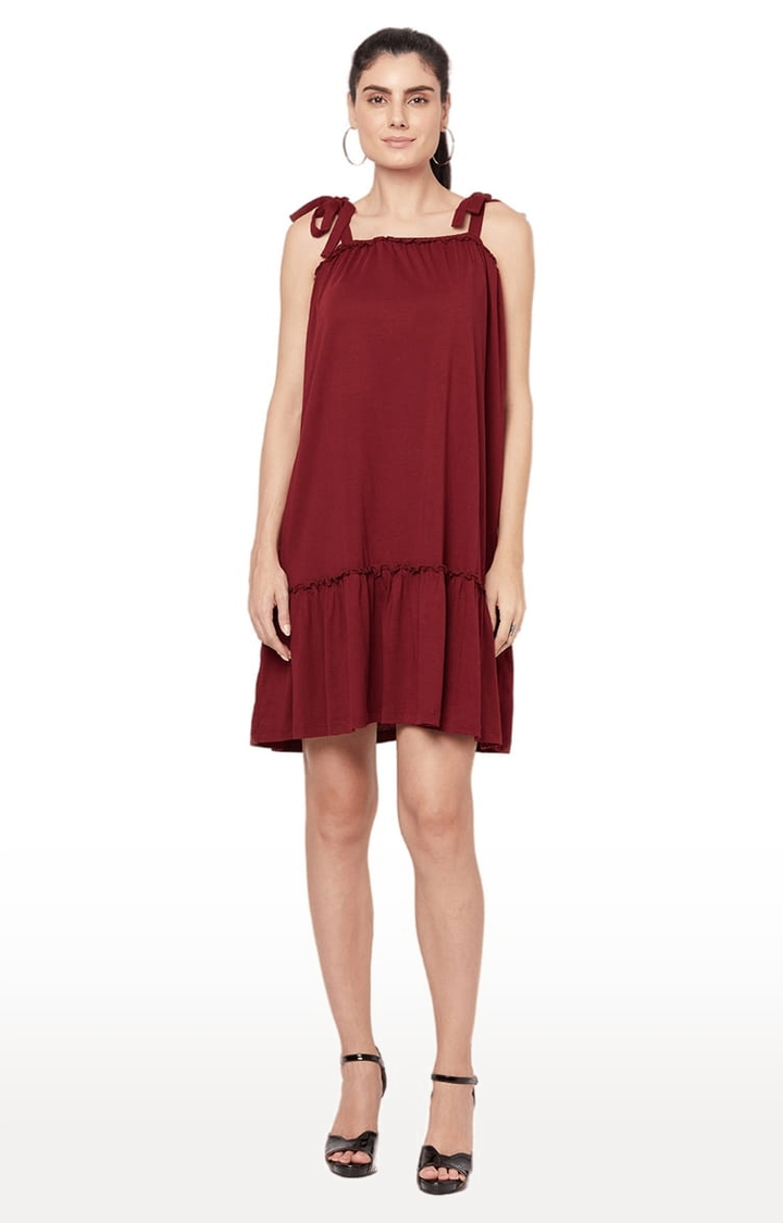 YOONOY | Women's Maroon Cotton Solid Tiered Dress