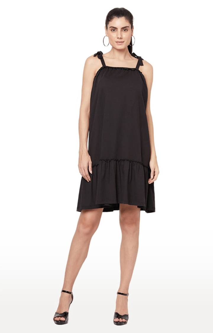 YOONOY | Women's Black Cotton Solid Tiered Dress