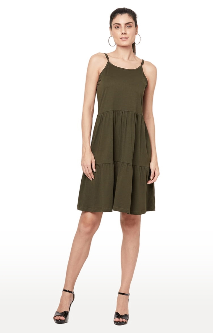 YOONOY | Women's Olive Cotton Solid Tiered Dress