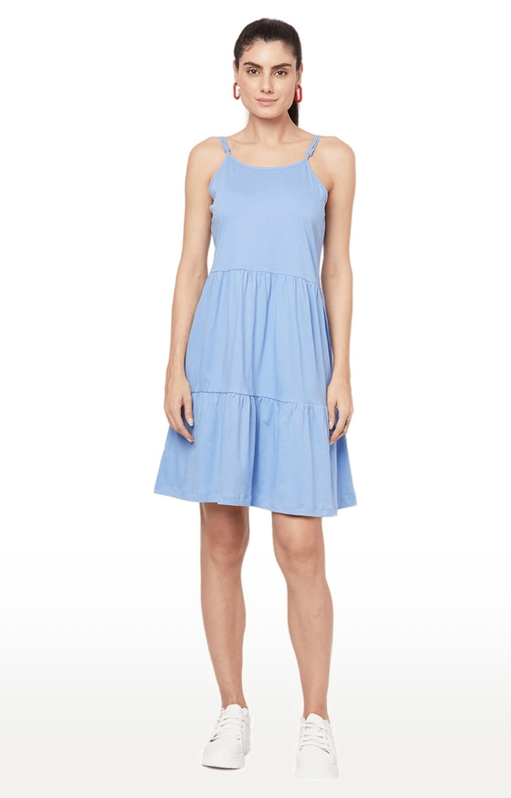 YOONOY | Women's Blue Cotton Solid Tiered Dress