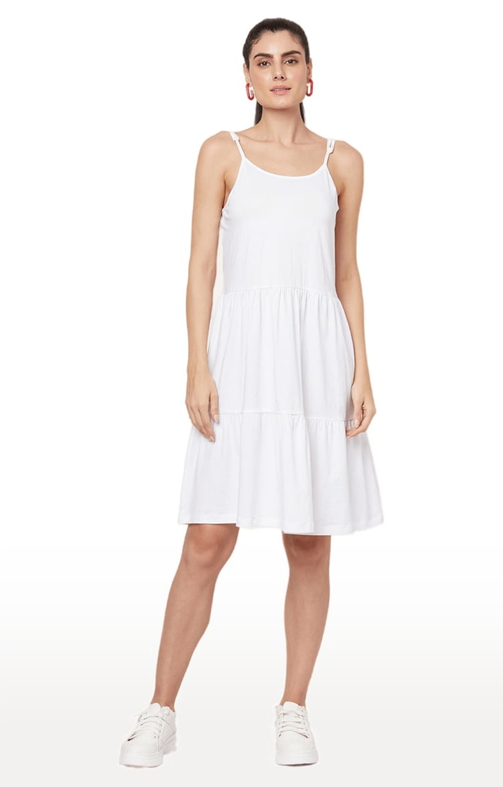 YOONOY | Women's White Cotton Solid Tiered Dress