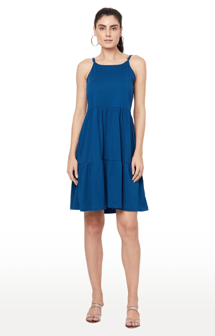 YOONOY | Women's Teal Blue Cotton Solid Tiered Dress